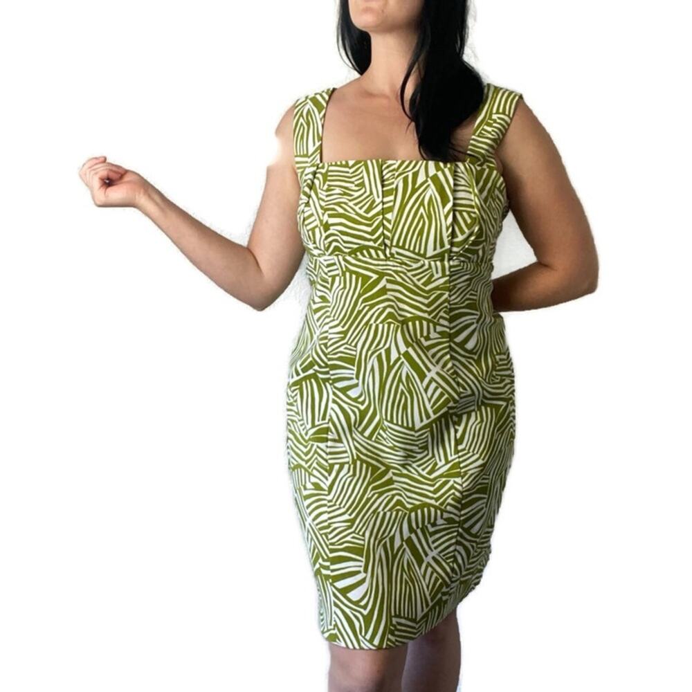 Vintage 90’s Y2K Chartreuse Green Abstract Sheath Dress Size 14